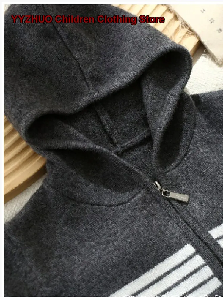 Boys Kids Autumn Winter Merino Knit Cardigan Hooded Zip Up Solid Color Casual Jacket Older Kids