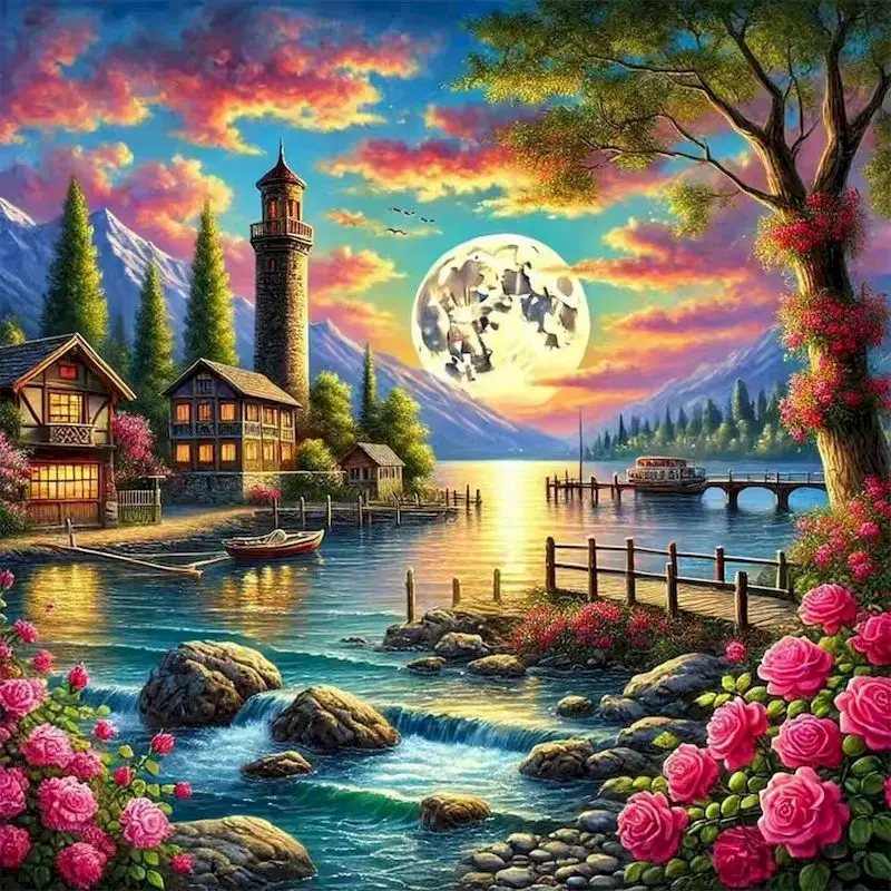 

GATYZTORY 5D Diamond Painting House Garden Full Square Round Drill Cross Stitch Embroidery Seaside Mosaic Landscape Home Decor