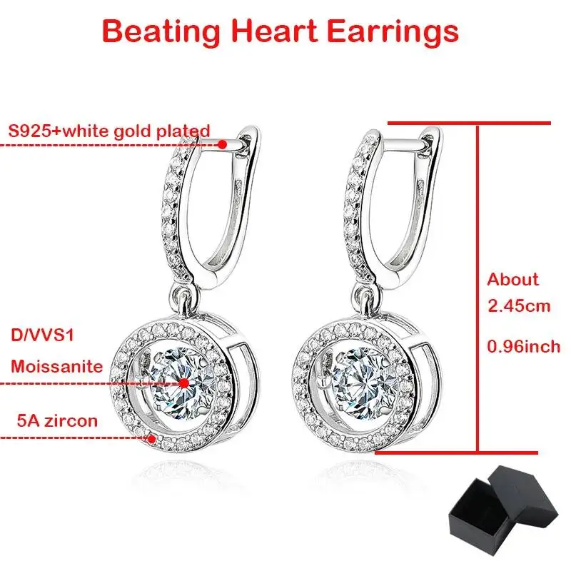 White Gold Plated 0.5/1CT Moissanite Drop For Women Sparkling Beating Heart Earring S925 Sterling Silver Jewelry