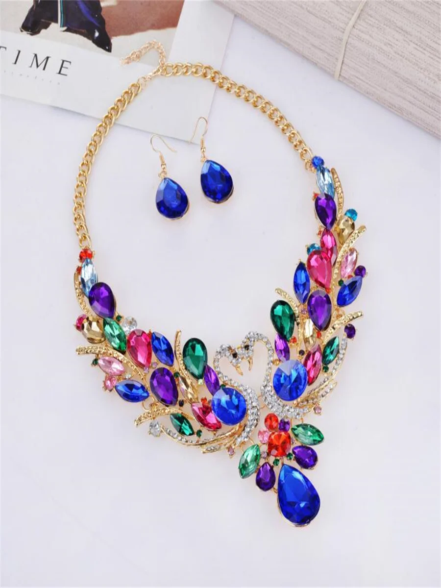 Gold-plate Swan imitation jewel set short alloy necklace High-grade alloy jewelry accessories for woman