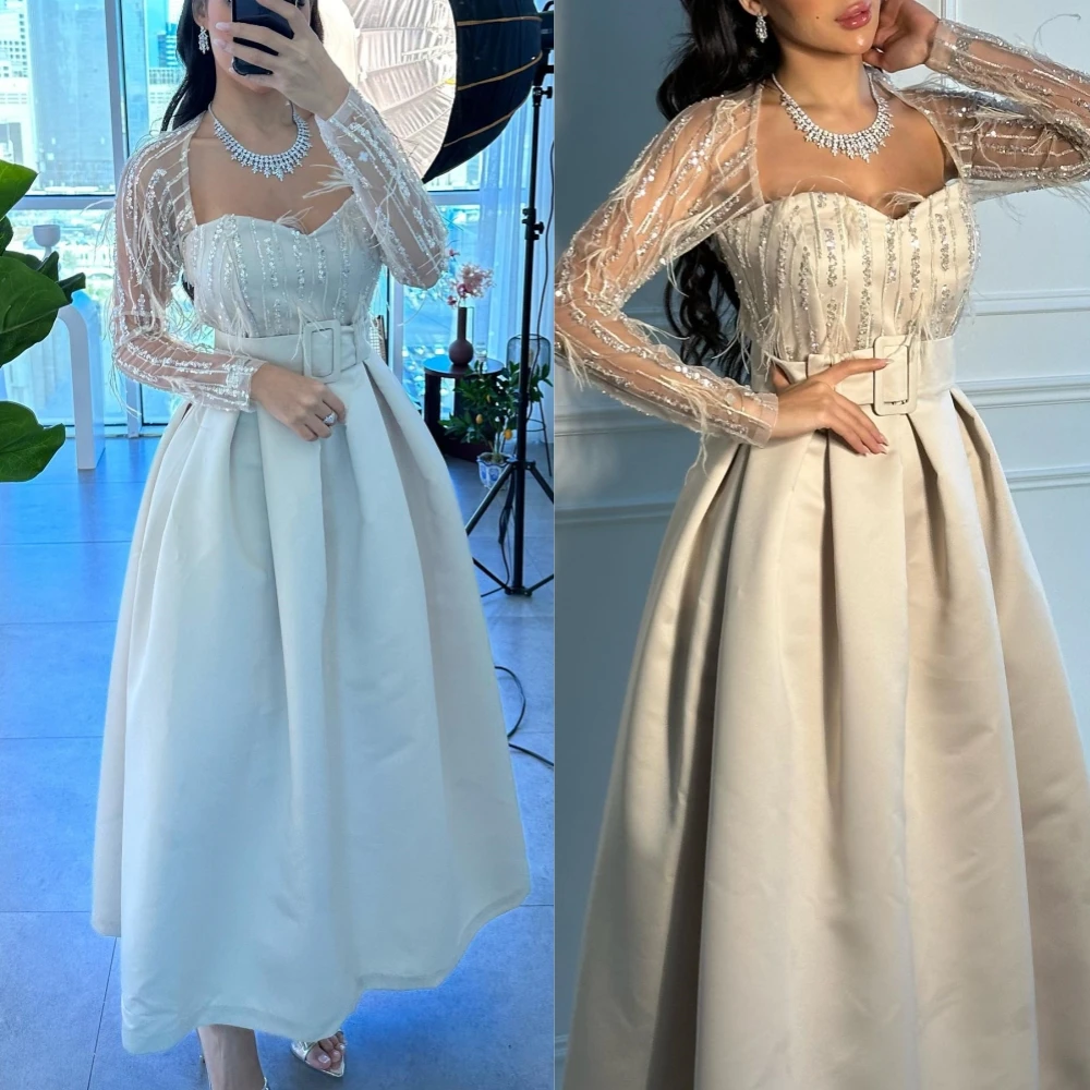 Customized Jersey Feather Sash Draped Homecoming Ball Gown Square Neck Bespoke Occasion  Midi Dresses