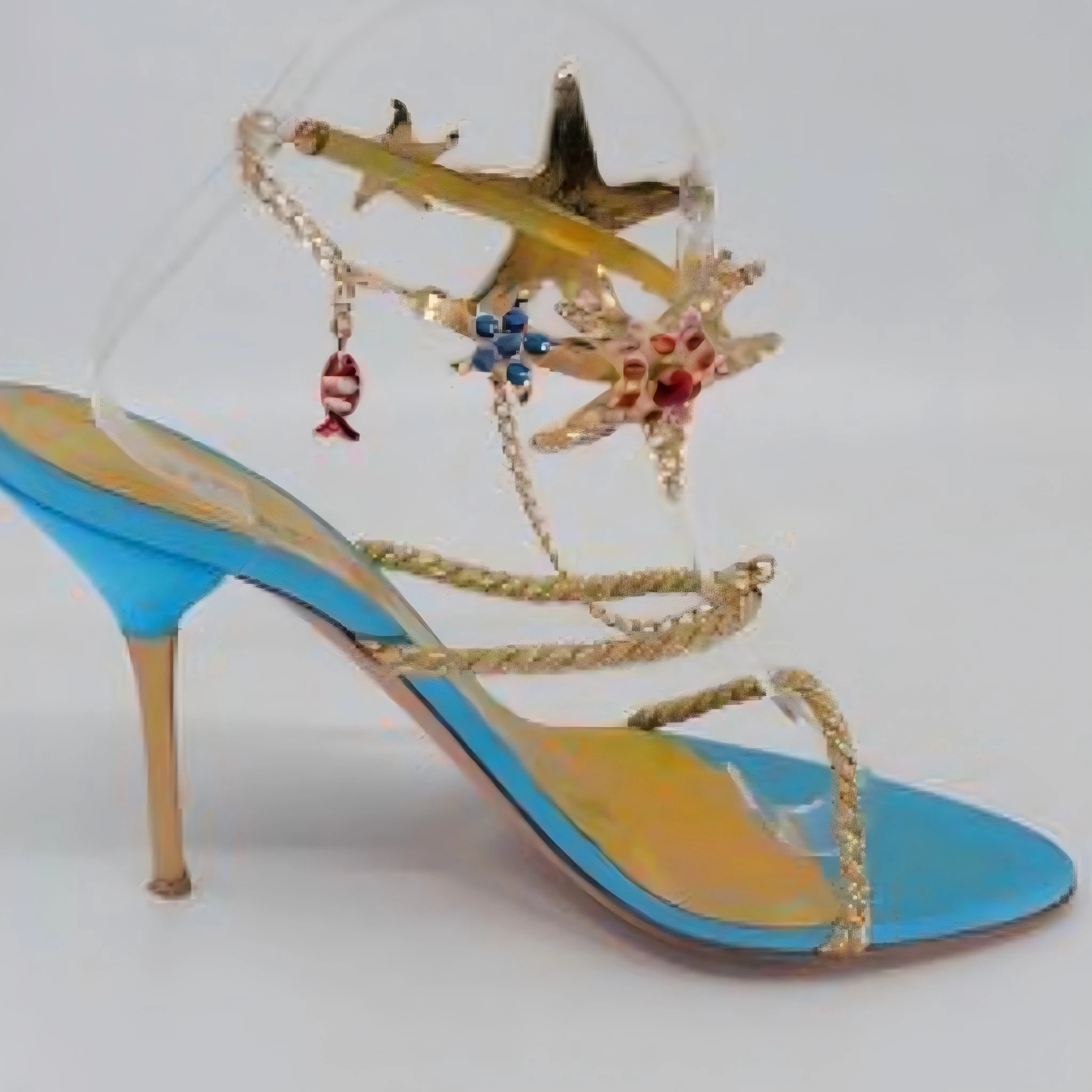 Blue Thong Stiletto High Heels with Rhinestone Starfish Ankle Bracelet Set, Ocean Style Sandals for Vacation & Evening Party