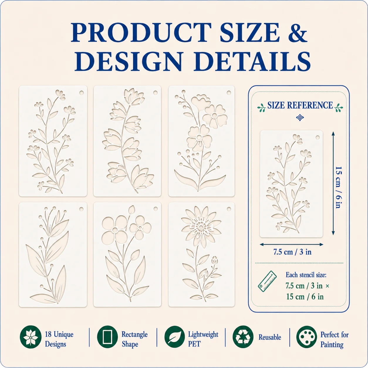 18Pcs Flower Stem Stencils Reusable PET Painting Templates for DIY Wall Wood Fabric Journal Crafts