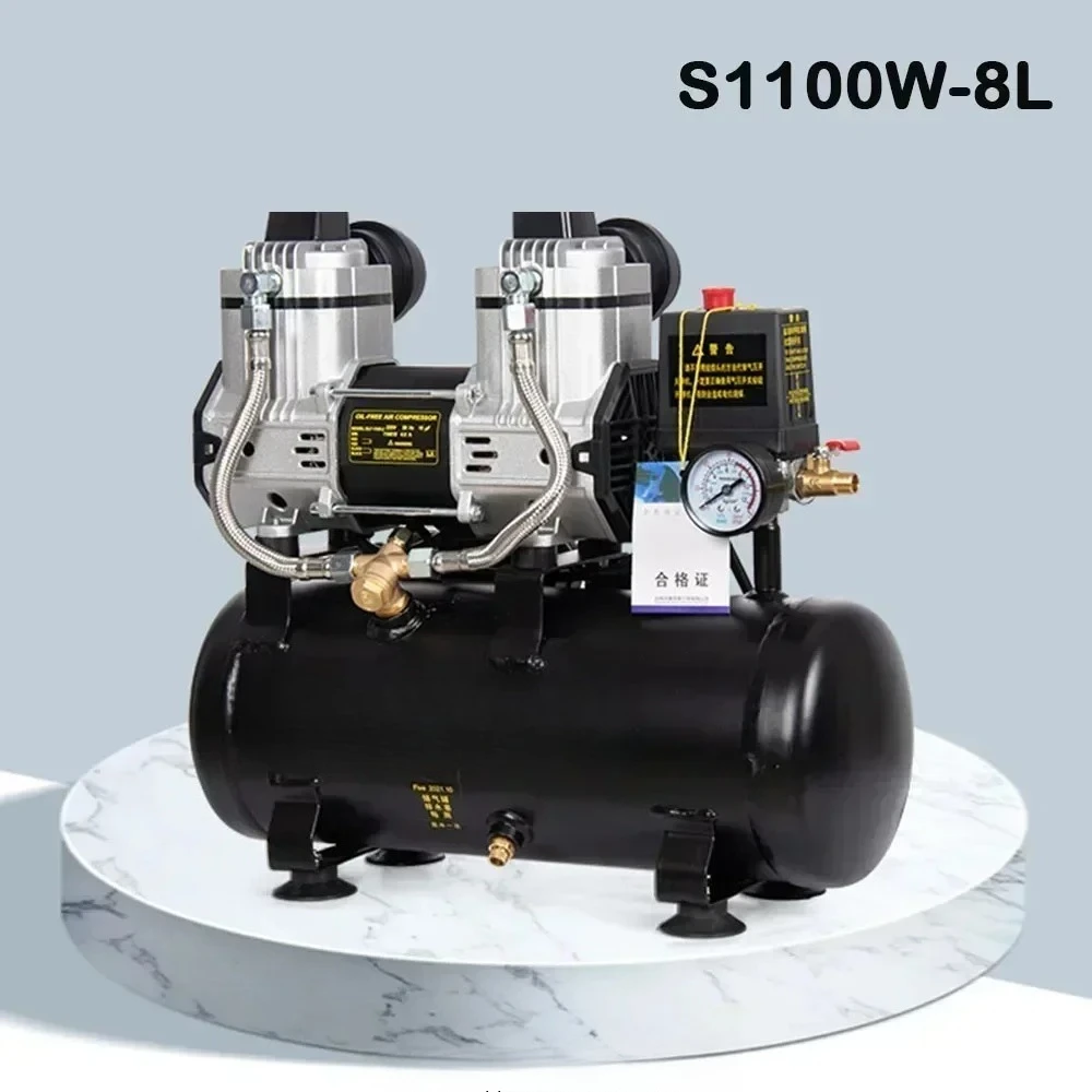 220V 1100W 8L Small Air Compressor 6L Oil-free Silent High Pressure Industrial Air Compressor Portable Woodworking Air Pump