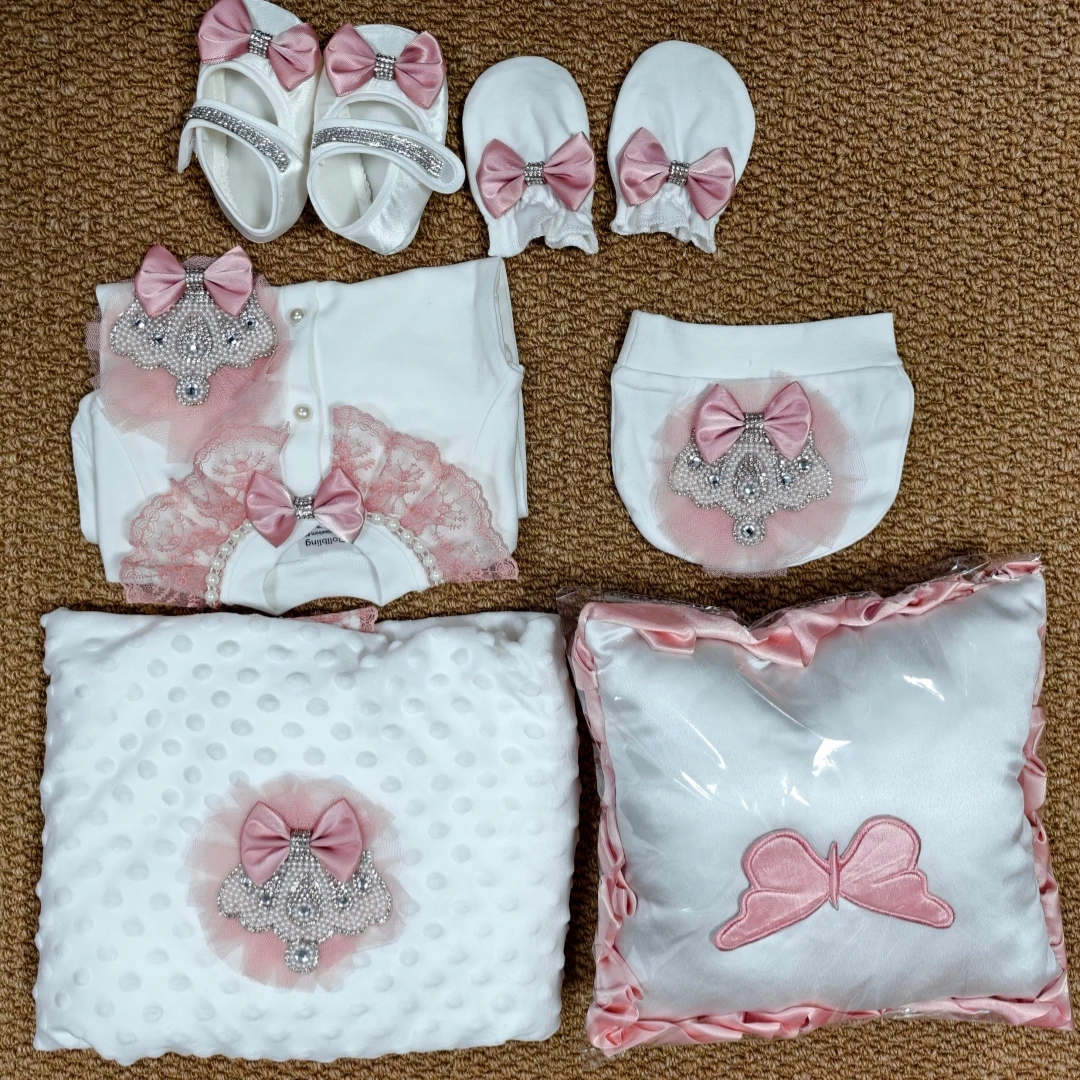 Newborn Baby Girl 6PCS Footed Romper Set Rhinestone Crown Bow Coming Home Outfit Baby Shower Gift