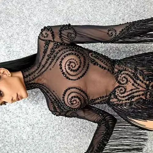 

Блестящие стразы с кисточками для празднования дня рождения, вечернее платье, женское сексуальное сетчатое прозрачное танцевальное платье для выступлений, сценическая одежда