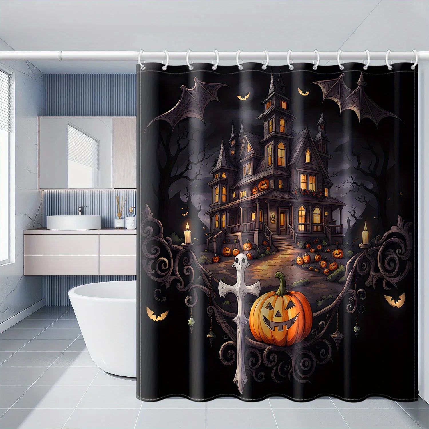 Halloween Shower Curtain Haunted House Pumpkin Ghost Bat Waterproof Fabric Bathroom Decor Gothic Horror Bath Screen With Hooks