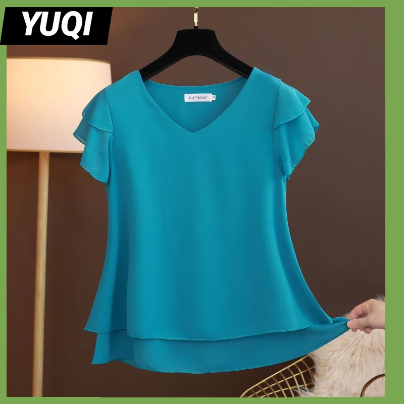 2024 Summer New Plus Size Women Chiffon Blouses Loose V-Neck Short Sleeve Fashion Cozy Tops Casual Shirts Blusas Mujer De Moda