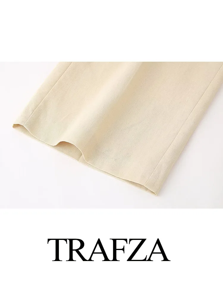 TRAFZA-Calça monocromática de cintura baixa feminina, bolsos, calças com zíper, casual, reto, linho, nova moda, verão