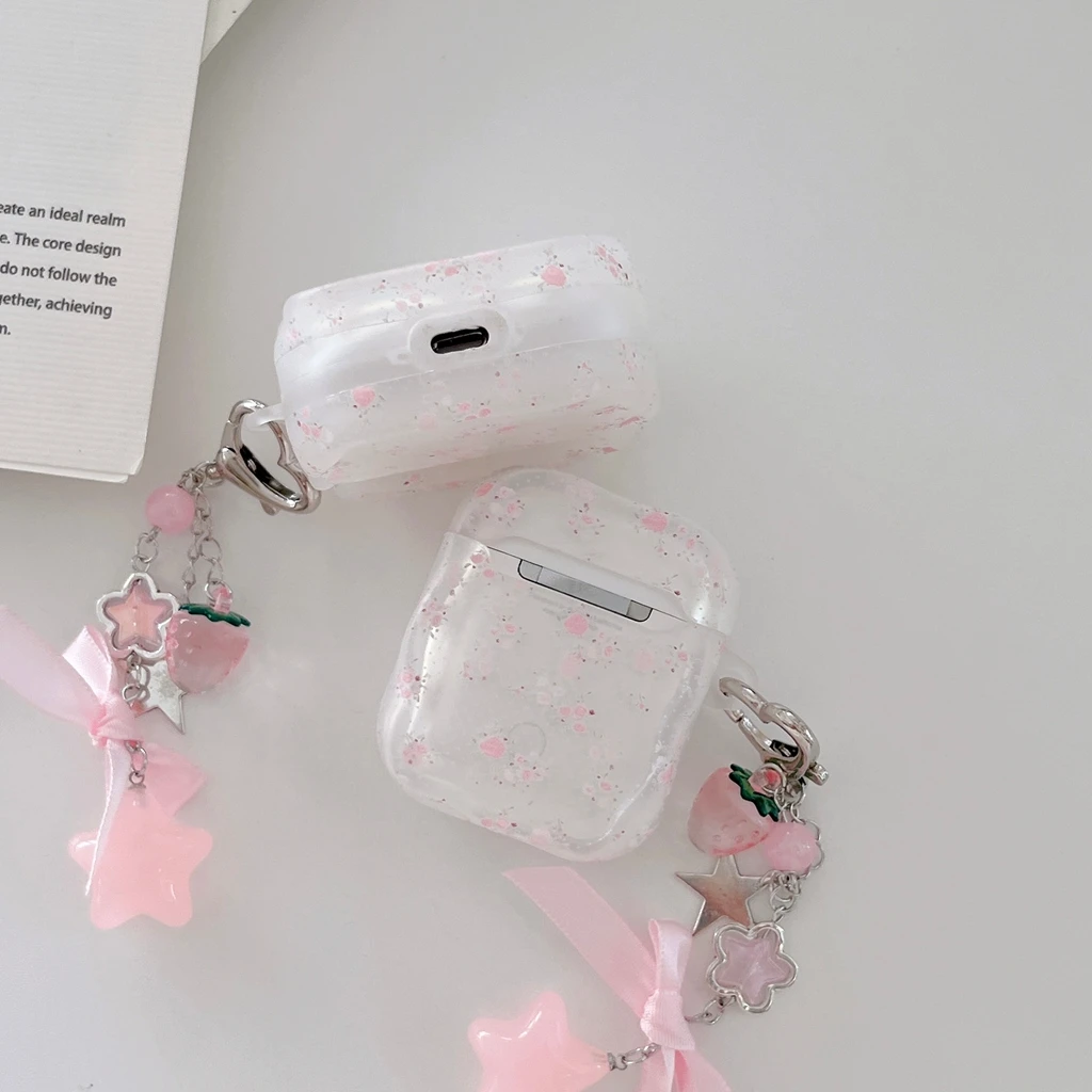 Spring Pink Floral Polka Dot Wavy Edge With Strawberry Pendant Protect Earphone Cover Case for AirPods 1 or 2 3 4 5 Pro 2 Pro 3