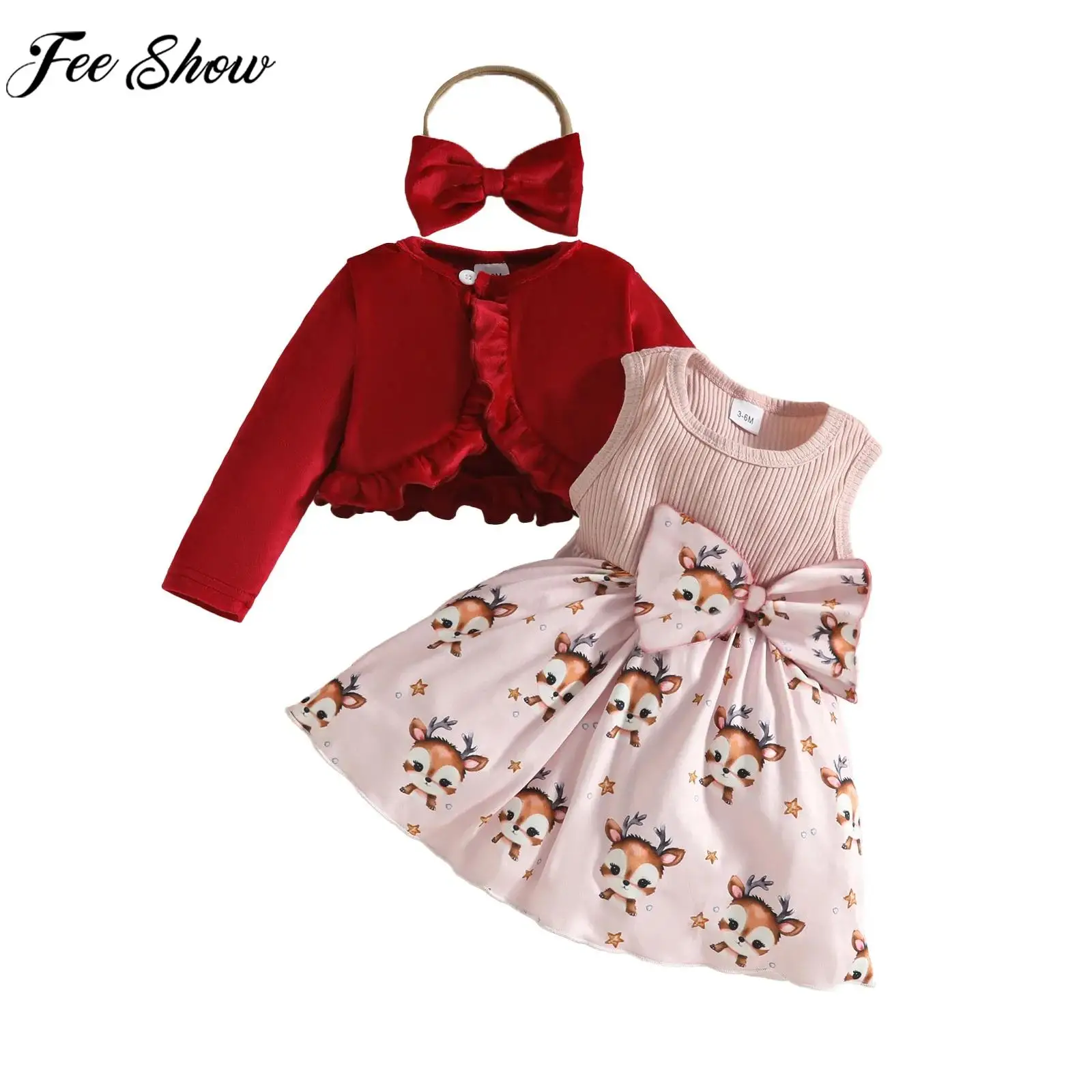 

Baby Girls Christmas Party Costume Long Sleeve Velvet Cardigan with Sleeveless Bow Xmas Print Dress Headband Birthday Party Set