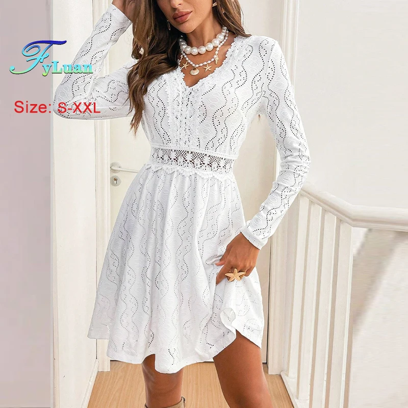Robe d'été élégante en dentelle pour femmes, blanche, col en V, manches longues, douce, mi-longue, Sexy, taille découpée, vêtements de vacances décontractés, nouvelle collection