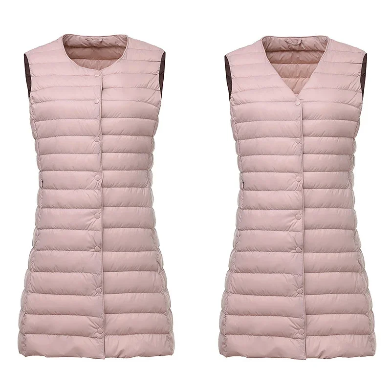 Ultralight Portable Puffer Vest Women Long Collarless 2023 New Autumn Winter Duck Down Waistcoat Sleeveless Button Feather Liner