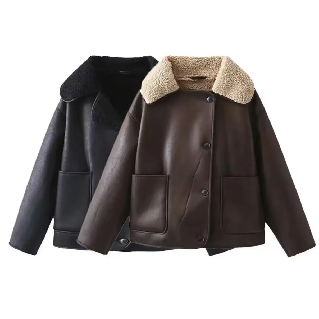 

Women's Solid Color Warm Leather Jacket Winter Fashion Simple Double-Sided Lapel PU Coat Loose Pocket Button Outwear