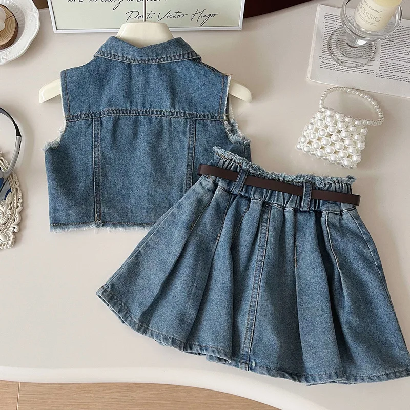 2026Girls' Summer New Korean Style Fashionable Sleeveless Fringed Vest and Pleated Skirt Denim Two-Piece Set