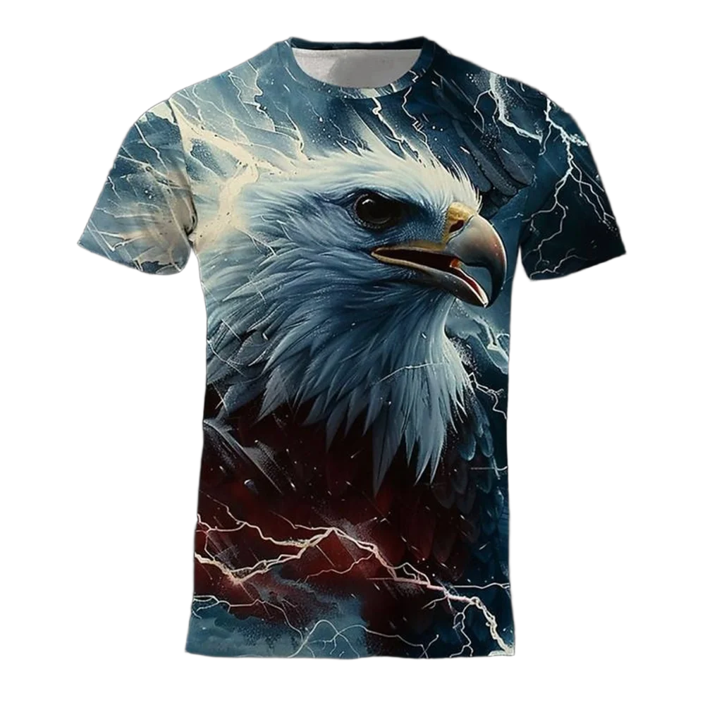 تي شيرت رجالي صيفي متعدد الاستخدامات مطبوع ثلاثي الأبعاد بلون نسر رائع ورقبة دائرية وأكمام قصيرة فضفاض ومريح على الموضة