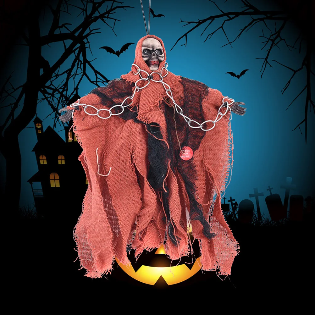 

Halloween Scary Floating Ghost Orange Detailed Face Hanging Sounding Shaking Haunted Ghost Props for Yard Porch Haunted