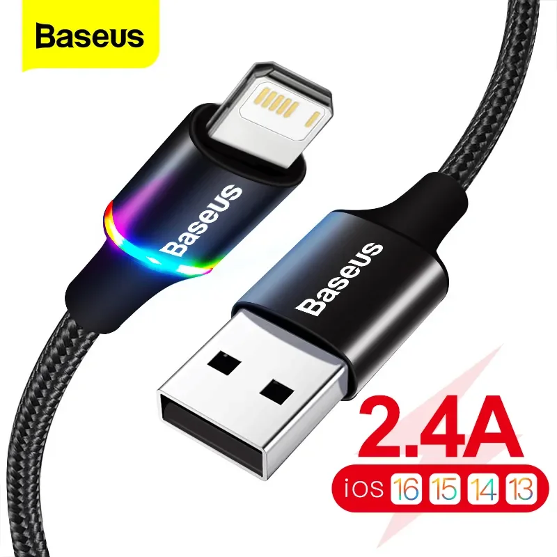Baseus LED USB Cable For iPhone 13 12 11 Pro Xs Max X Xr 8 7 6 Fast Charging Charger Mobile Phone Data Cable For iPad Wire Cord