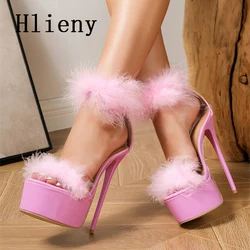 Hlieny taglia 35-42 sandali in pelliccia sintetica rosa donna tacchi alti sottili 2024 nuova moda piattaforma Open Toe scarpe spogliarellista per feste di matrimonio