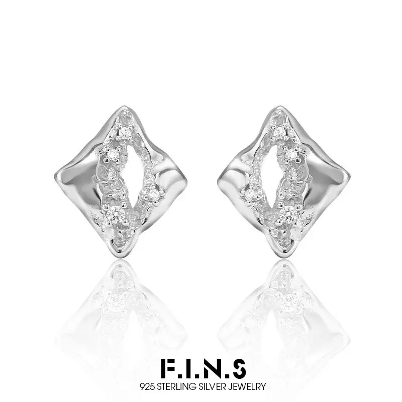 

F.I.N.S Original S925 Sterling Silver Stud Earrings Irregular Geometric Square Hollowed Pierced Hypoallergenic Ear Fine Jewelry