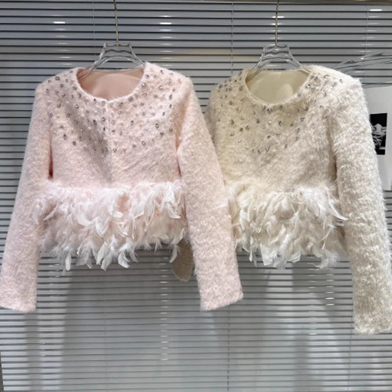 

New sweet and smal fragrant style autumn and winter nail drill feather rough edge woolen short jacket women temperament coat