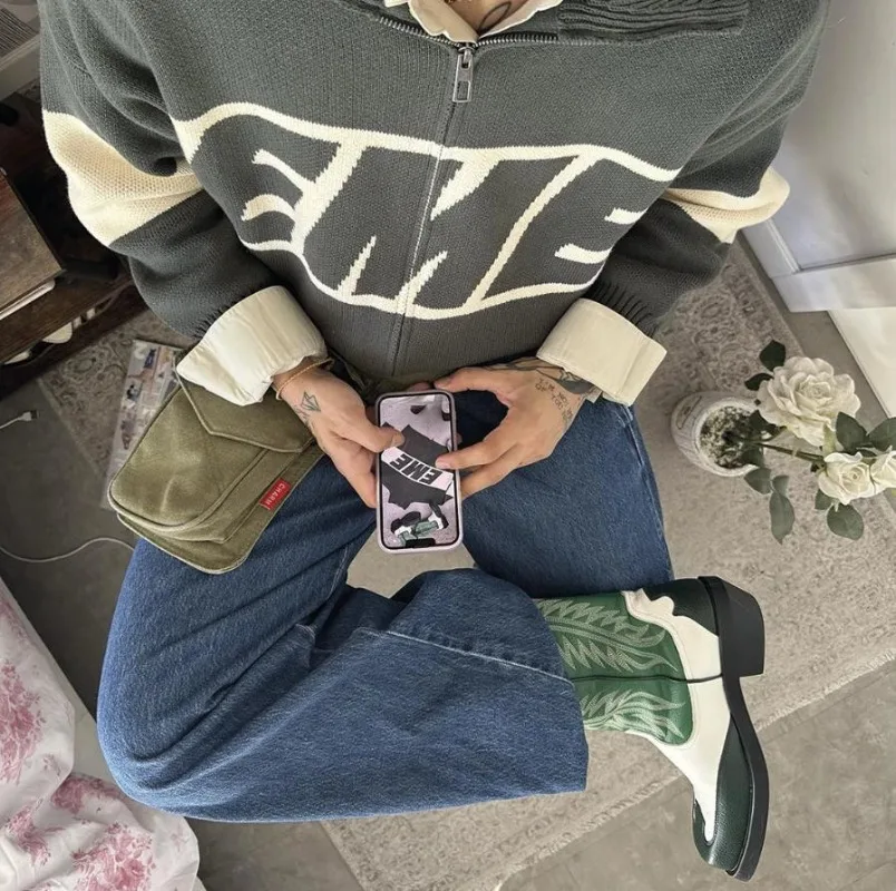 Kardigan Sweater Kasual Retro High Street Harajuku Wanita Trendy Hip-Hop Longgar Streetwear Bordir Huruf Atasan Lengan Panjang Pria