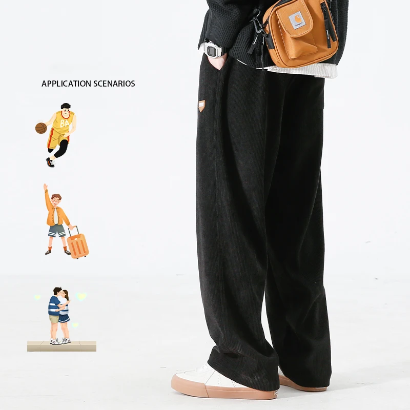 Men's Fleece Appliqué Trim Mop Pants Outdoor Wide-leg Hip-hop Slacks Winter Men's Loose-fitting Skin-friendly Stretch Pants