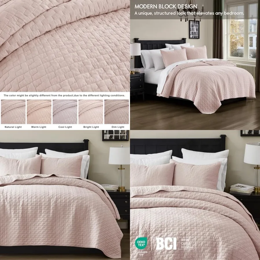 

Pink 100 Cotton Quilt Queen Size Bedding Sets with 2 Pillow Shams, Textured Lightweight Soft Bedspread Shabby Chic Coverlet, Qu