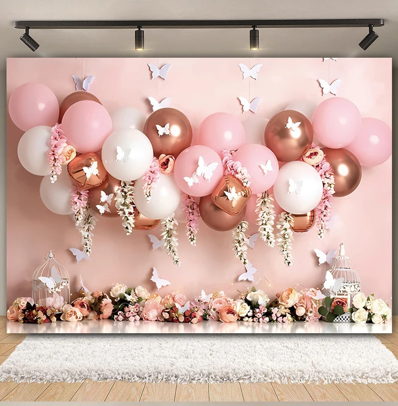 Newborn Baby 1st Birthday Backdrop Photography Girl Boy Pink Blue Balloon Tent Flower Interior Cake Smash Photo Background Decor