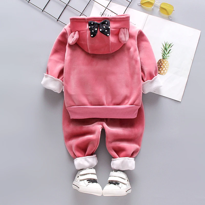 Mädchen Fleece-Bärenohren-Hoodie mit Schleife + Samthose 2-teiliges Set Kinder Warme Winterkleidung – Detail 3