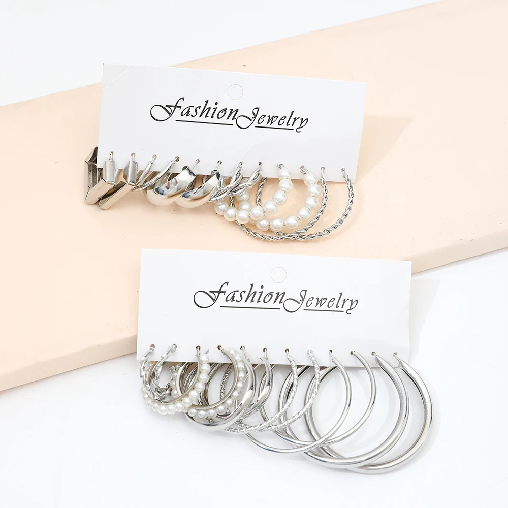24Pcs/Set New Retro Imitation Pearl Multi-Element Hoop Simple Metal Circle Geometric Twist Women\'s Earrings Birthday Gift