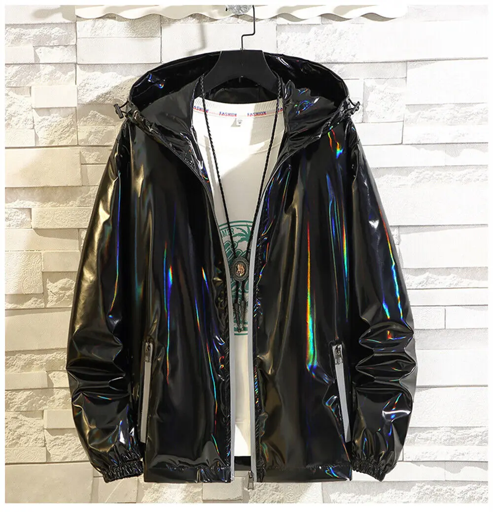Spring Pu Thin Style Shiny Colorful Loose Hooded Jacket Men