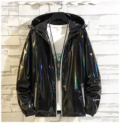 Spring Pu Thin Style Shiny Colorful Loose Hooded Jacket Men