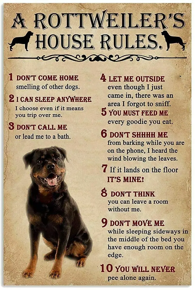 A RottweilerS House Rules Metal Tin Sign New Vintage Decor for Home Office Restaurant Garage Bar 8X12 Inch