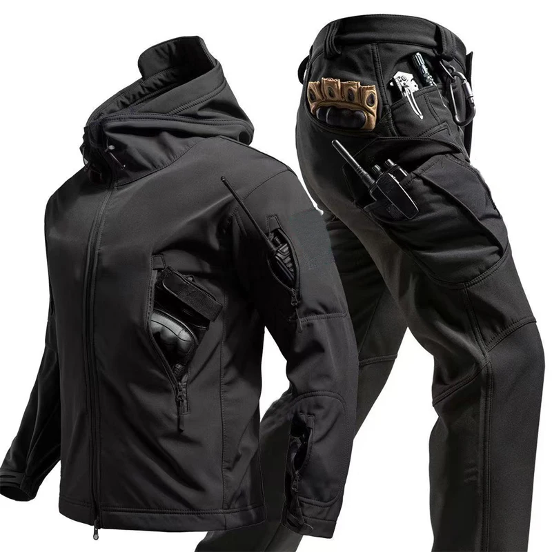 Tactical Tracksuit Men Winter Autumn Fleece Parkas Waterproof Cargo Jackets Hiking Camping Climbing Softshell Casual Hood Coats
