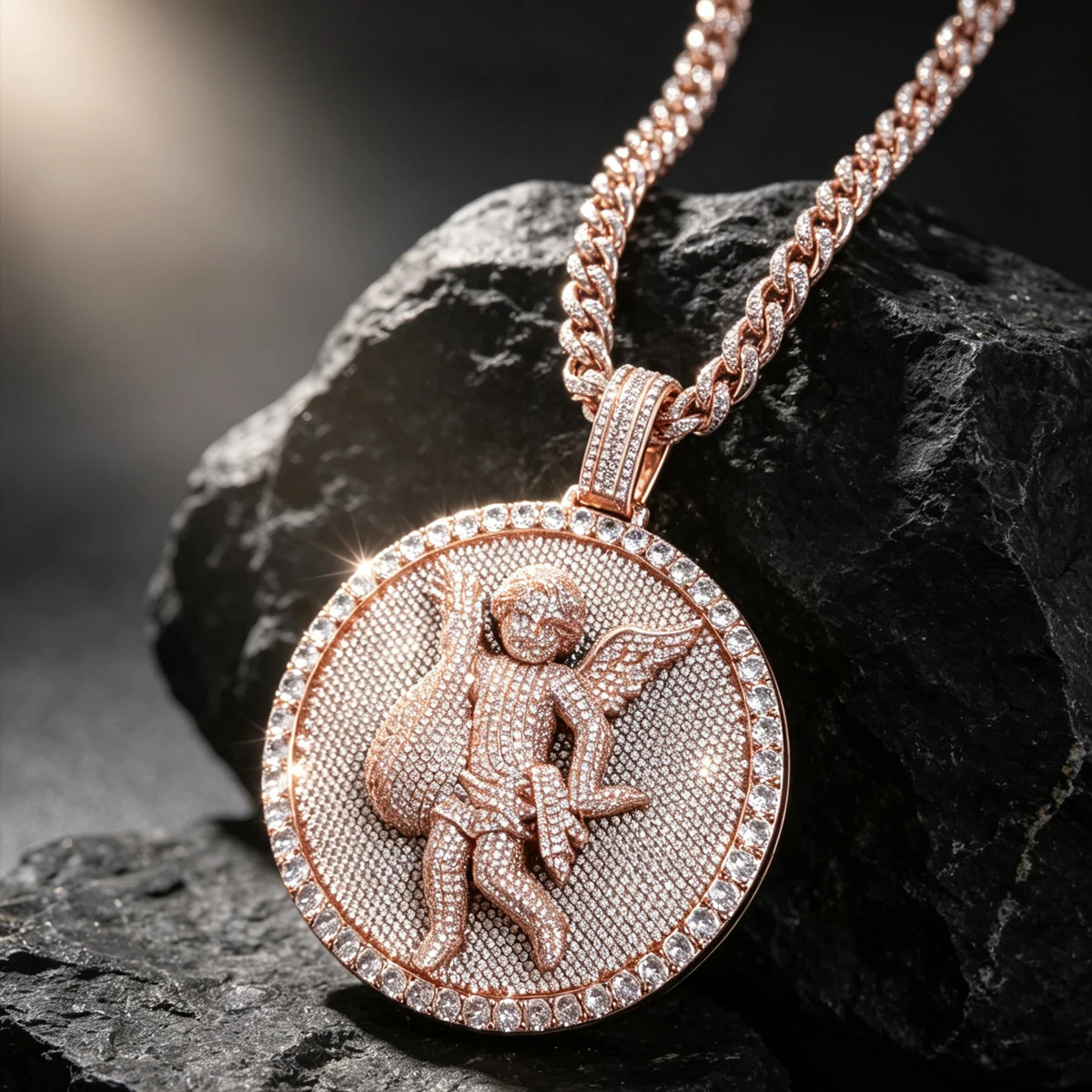 18K Rose Gold Plated Cherub Angel Medallion Pendant Full Micro Paved Sparkling CZ  Round Disc For Men Women Party Club Daily Wear Streetwear Statement Fine Jewelry Gifts Iced Out 3D Hip Hop Jewelry Bling Luxury Religious Cupid Charm Necklace Accessory