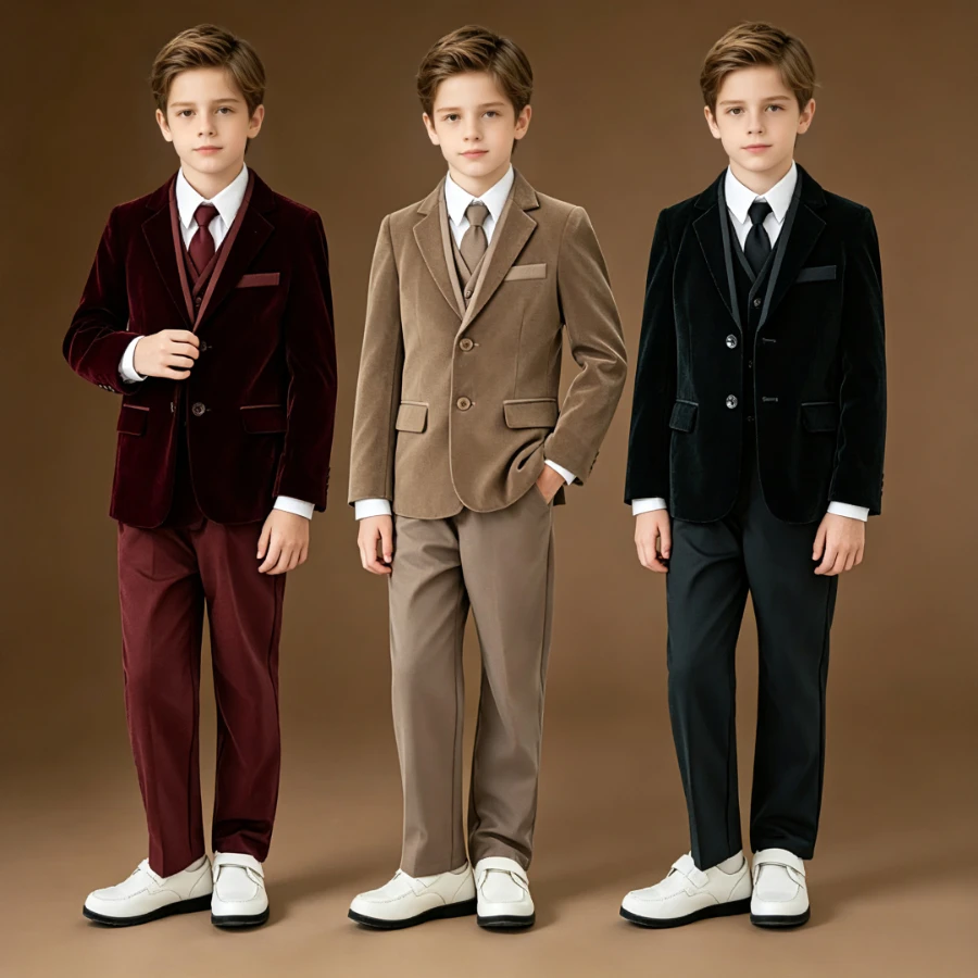 Teen Boys Velvet 3-Piece Suit Set Blazer Vest Pants with Tie School Kids Luxury Winter Formal Party Performance Outfit 4-14Y
