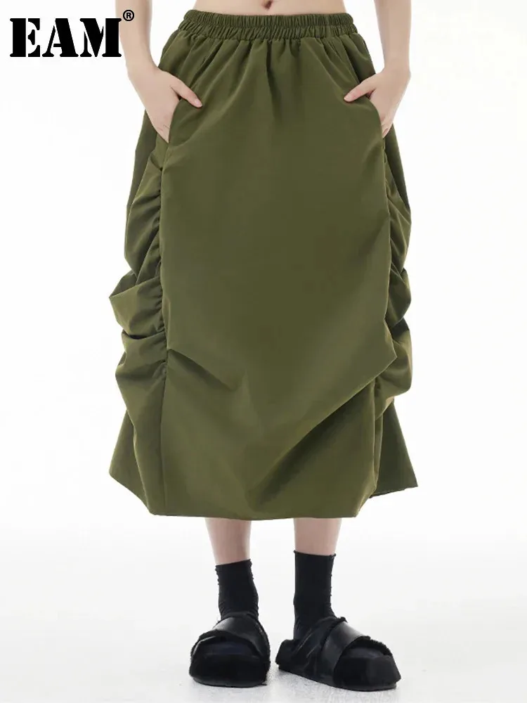 

[EAM] High Elastic Waist Army Green Pleated Irregular Half-body Vintage Bud Skirt Women Fashion New Spring Autumn 2024 1DH3552