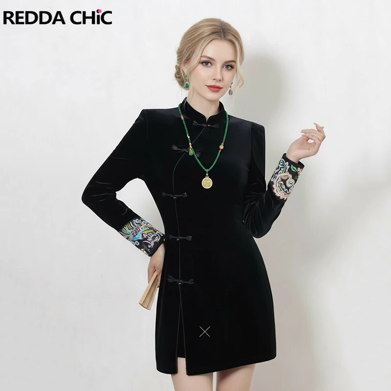 

REDDACHiC Embroidered Cuff Qipao Dress Retro Velvet Black Long Sleeve Split Side Chinese Cheongsam Trendy Elegant Women Clothes
