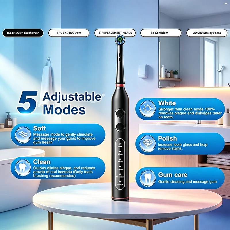Yunchi M01 Electric Toothbrush 5 Modes 8 Brush Heads 2-Minute Timer Toothbrush Teeth Stain Removal Whitening Teeth Gift Lovers