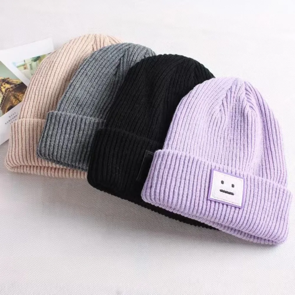 New Warm Winter Hats Solid Color Ear Protection Knitted Hats Smiley Woolen Cap Unisex