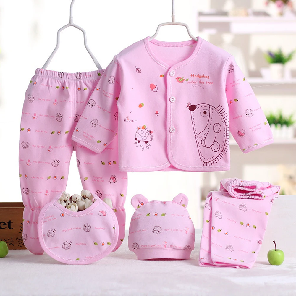 5PCS Newborn Baby Boys Girls Layette Set Cotton Sleepwear Tops Hat Pants Bib Suit Outfit Clothes Sets for 0-3M