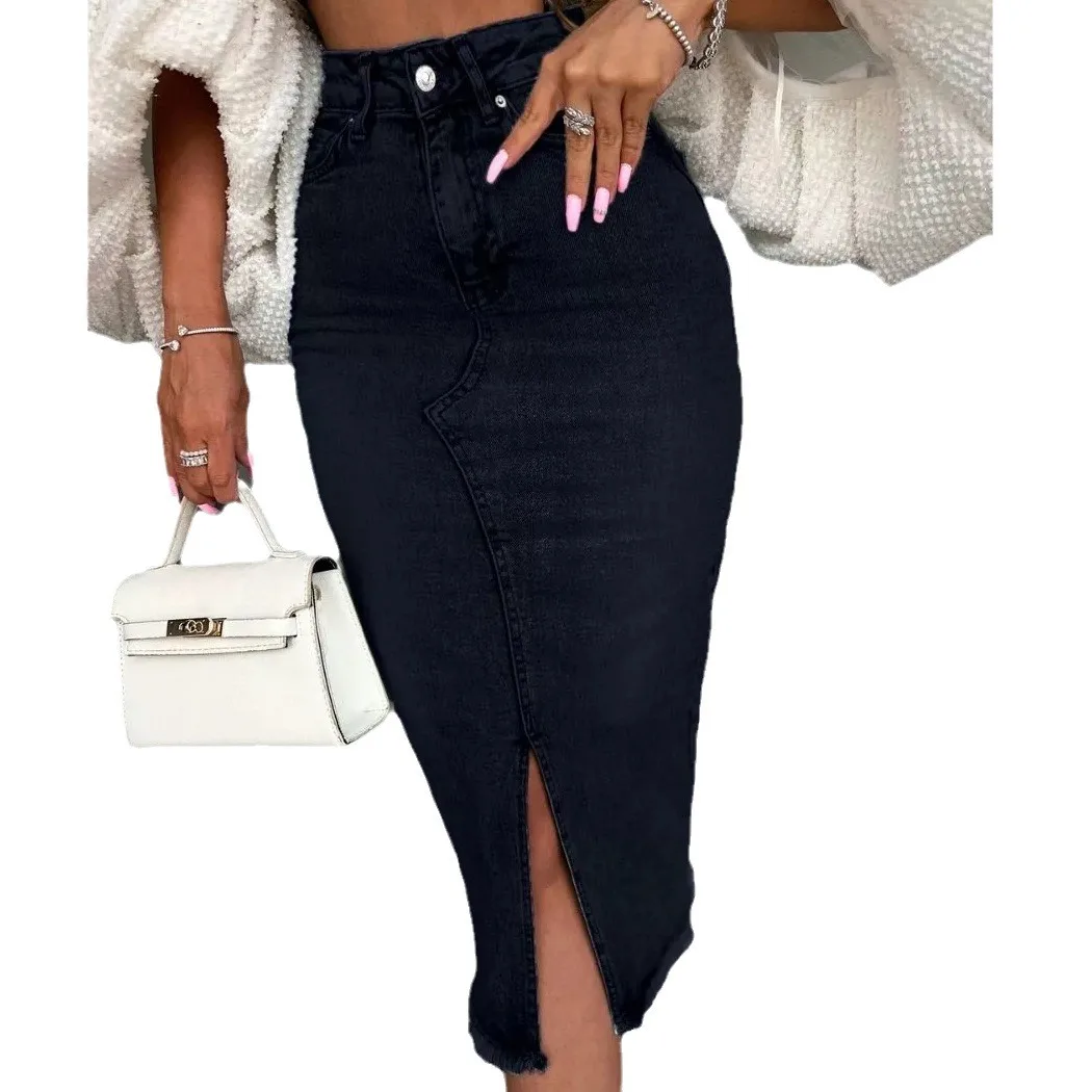 2025 Autumn/Winter Women's High-Waisted Denim Skirt Slim Fitted Pencil Skirt
