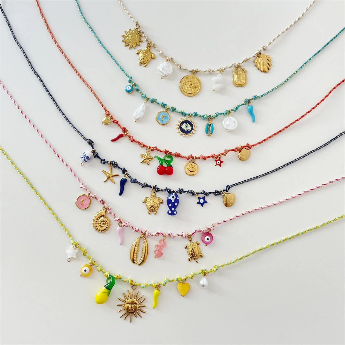 Personalisierte DIY-Knoten-Seilkette mit Seestern- und Schildkröten-Anhänger, vergoldet, farbecht – Detail 2