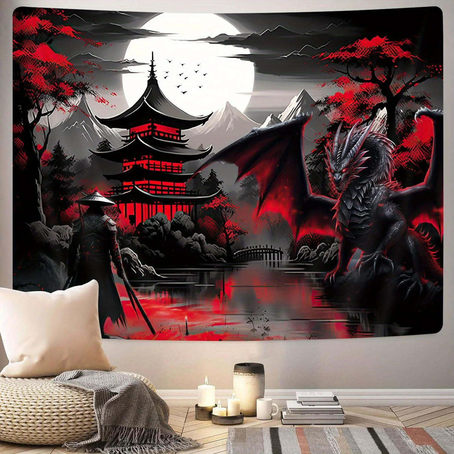 VIKAMA Oriental Dragon Soul Tapestry Living Room Room Decoration Full Moon Gutta Ink Martial Arts Energy Field
