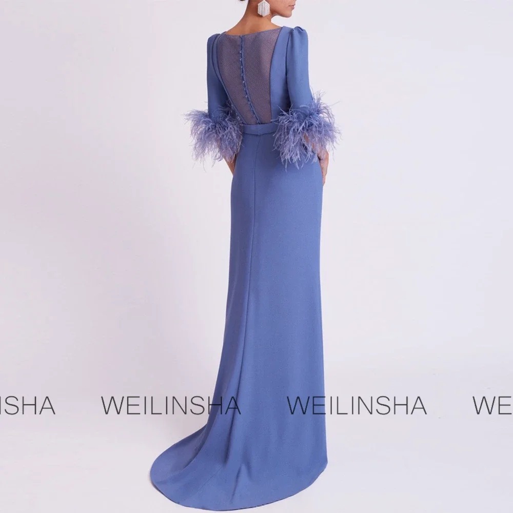 Customized Mother of the Bride Jersey Sheath/Column Evening Dress Blue O-Neck Pleat Belt Feather Prom Dress Long Wedding Dresses