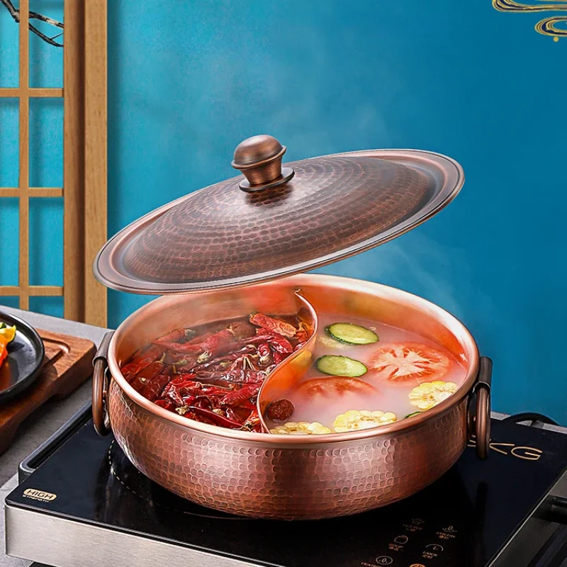 Pure Copper Handcrafted Cookware, Two Mandarin Ducks Hot Pot, Uniform Heat Distribution, Multipurpose Soup and Stock Pot