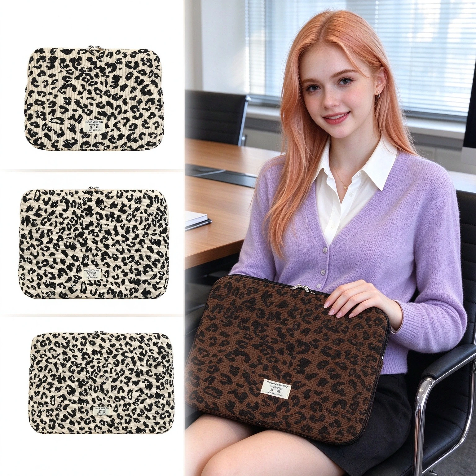 Leopard Print Quilted Laptop Carry Bag with Handle, Corduroy Zipper Shockproof Notebook Case Set of 3, Lined Cover for Women