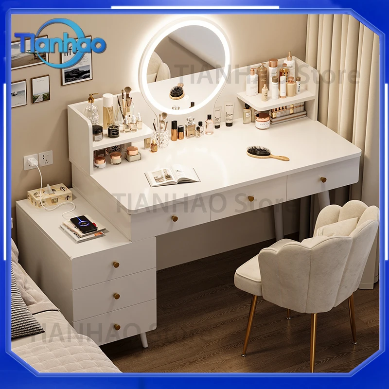 Dressing Table for Bedroom with Storage Drawers Minimalist Light Luxury Solid Wood Makeup Desk Cream Style Extendable Table