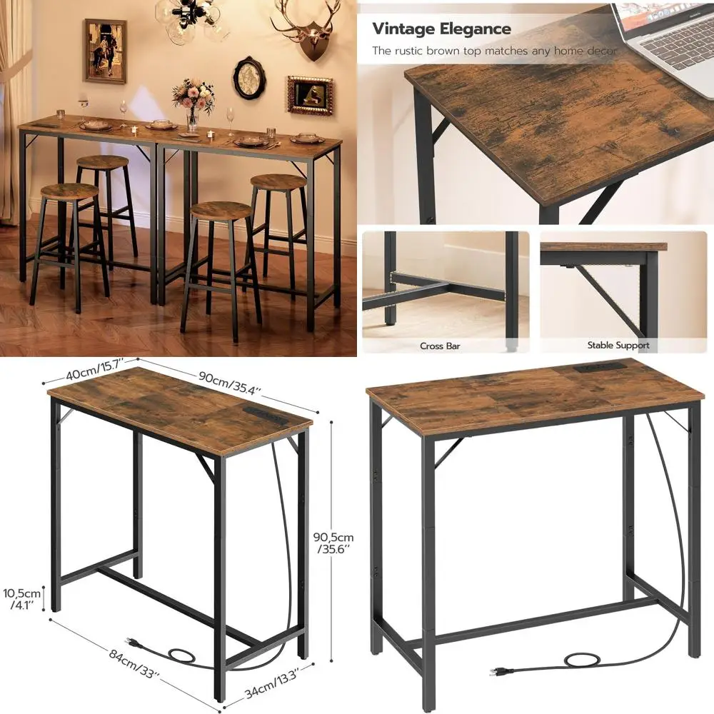 Charging Station Bar Table, Rectangular Pub Height Table, High Top Coffee Table, Counter Height Dining Table, Slim Long Table, 3